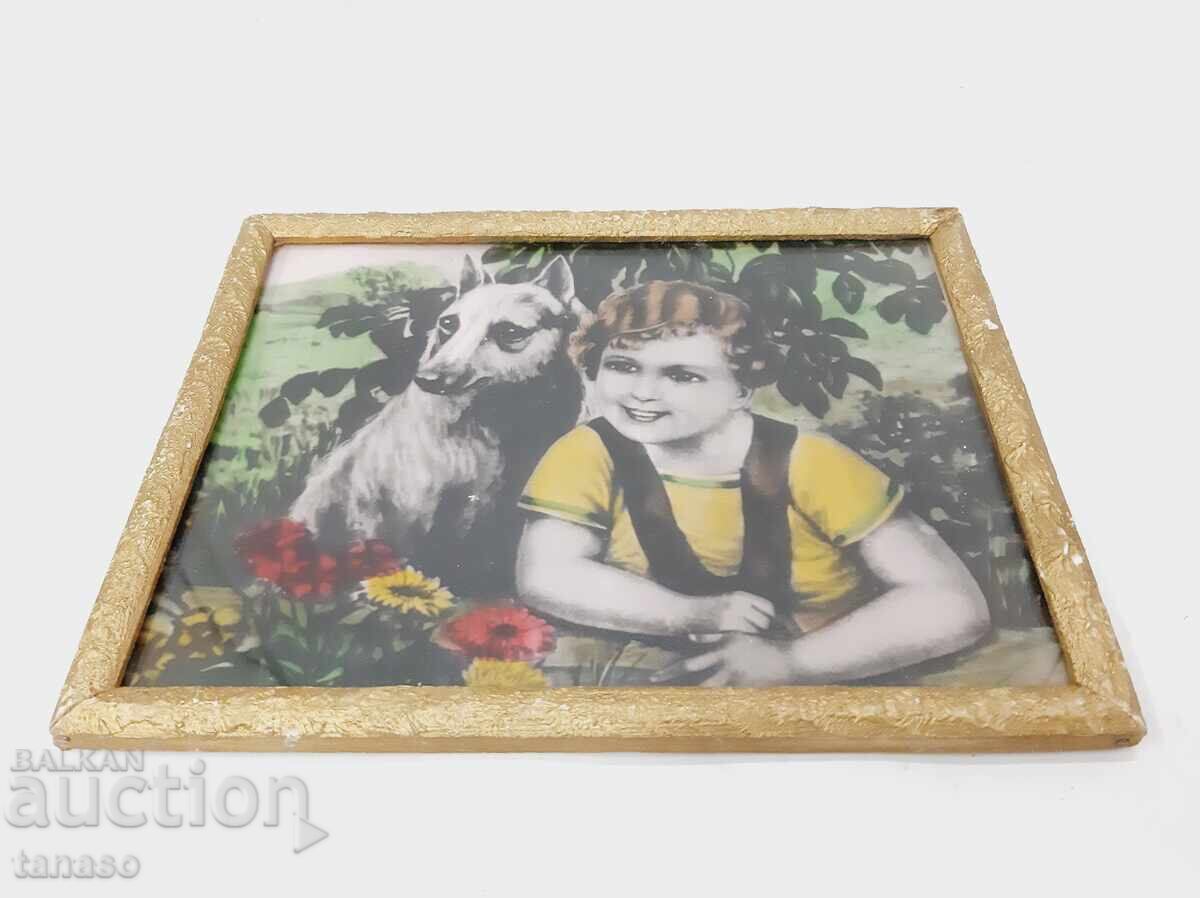 Print de artă vintage, Copil și câine, ramă aurie, sub sticlă - 5