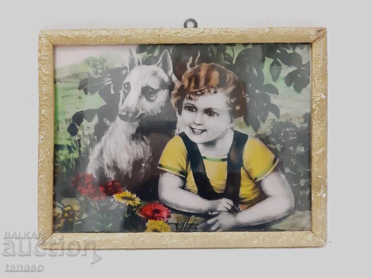 Print de artă vintage, Copil și câine, ramă aurie, sub sticlă