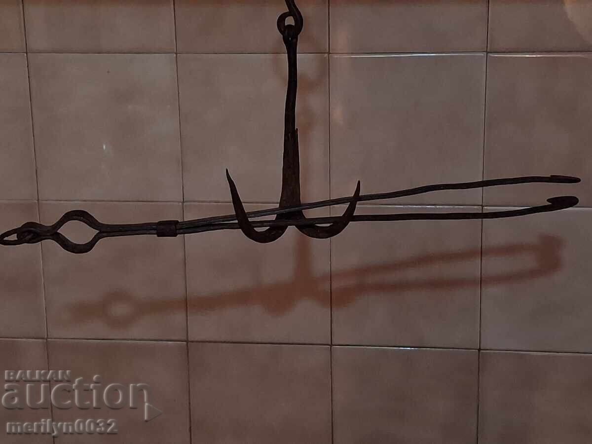 Auction Old fireplace set, tongs, wrought iron Auction Old fireplace set, tongs, wrought iron