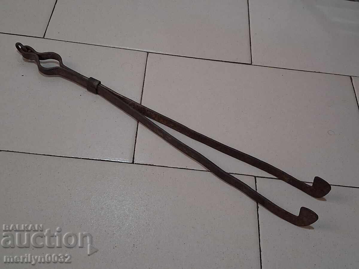 Old fireplace set, tongs, wrought iron Old fireplace set, tongs, wrought iron