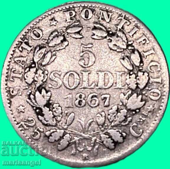 5 солди 1867 Ватикан Пий IX Патина сребро - RARE с цена € 23.54 | 46.04 лв.