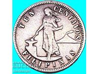10 центавос 1904 Филипини САЩ 2.72г сребро -рядка и скъпа
