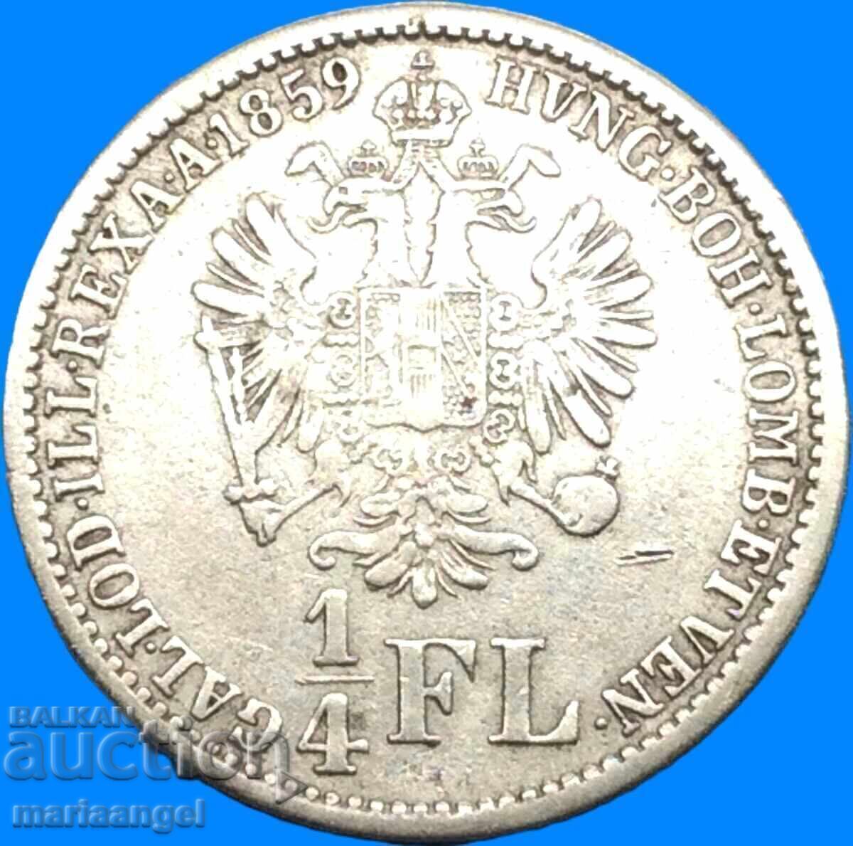Auction Austria 1/4 florin 1859 A - Vienna Franz Joseph silver Patina Auction Austria 1/4 florin 1859 A - Vienna Franz Joseph silver Patina