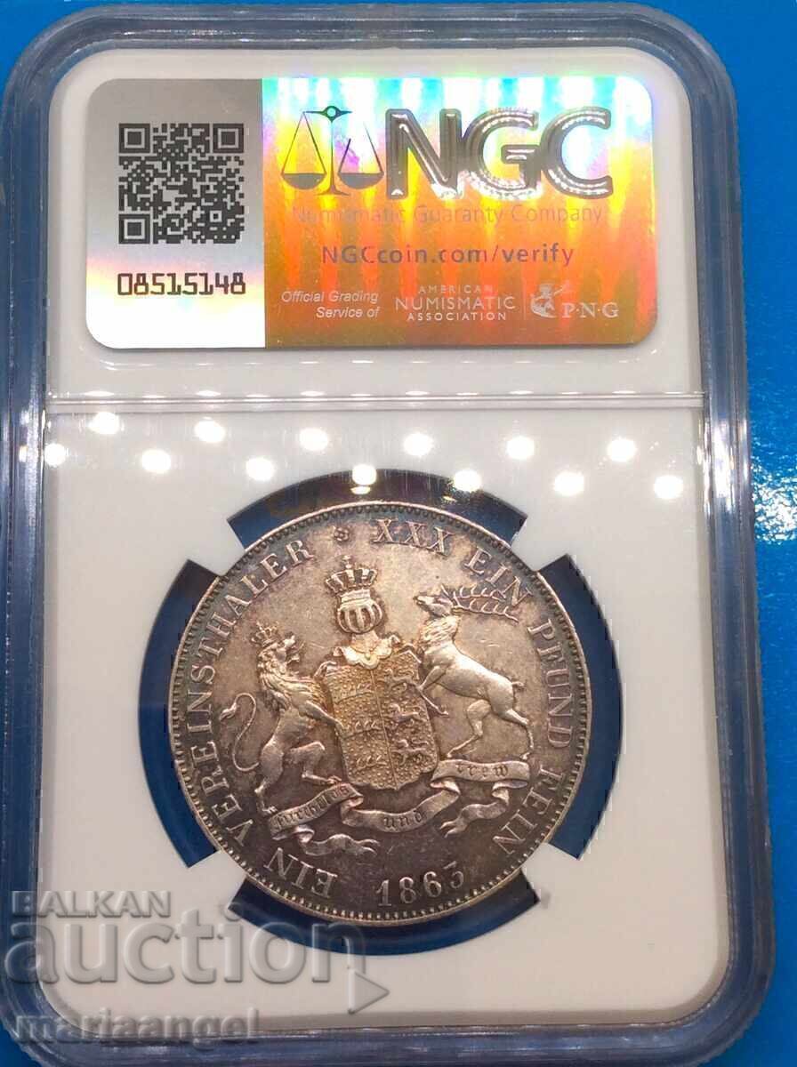 Thaler 1863 Germania Württemberg NGC AU Detalii argint Patină - 5