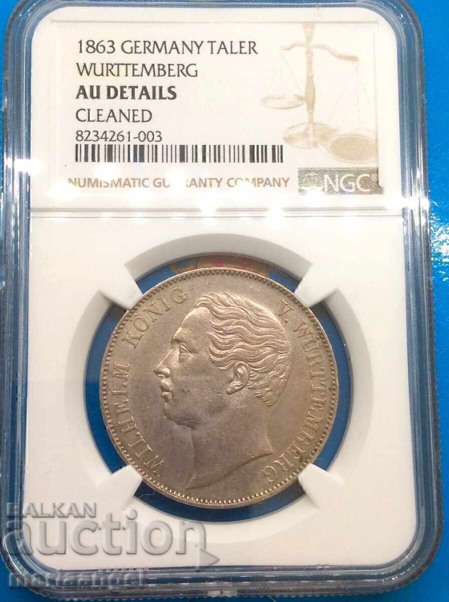 Thaler 1863 Germania Württemberg NGC AU Detalii argint Patină - 6