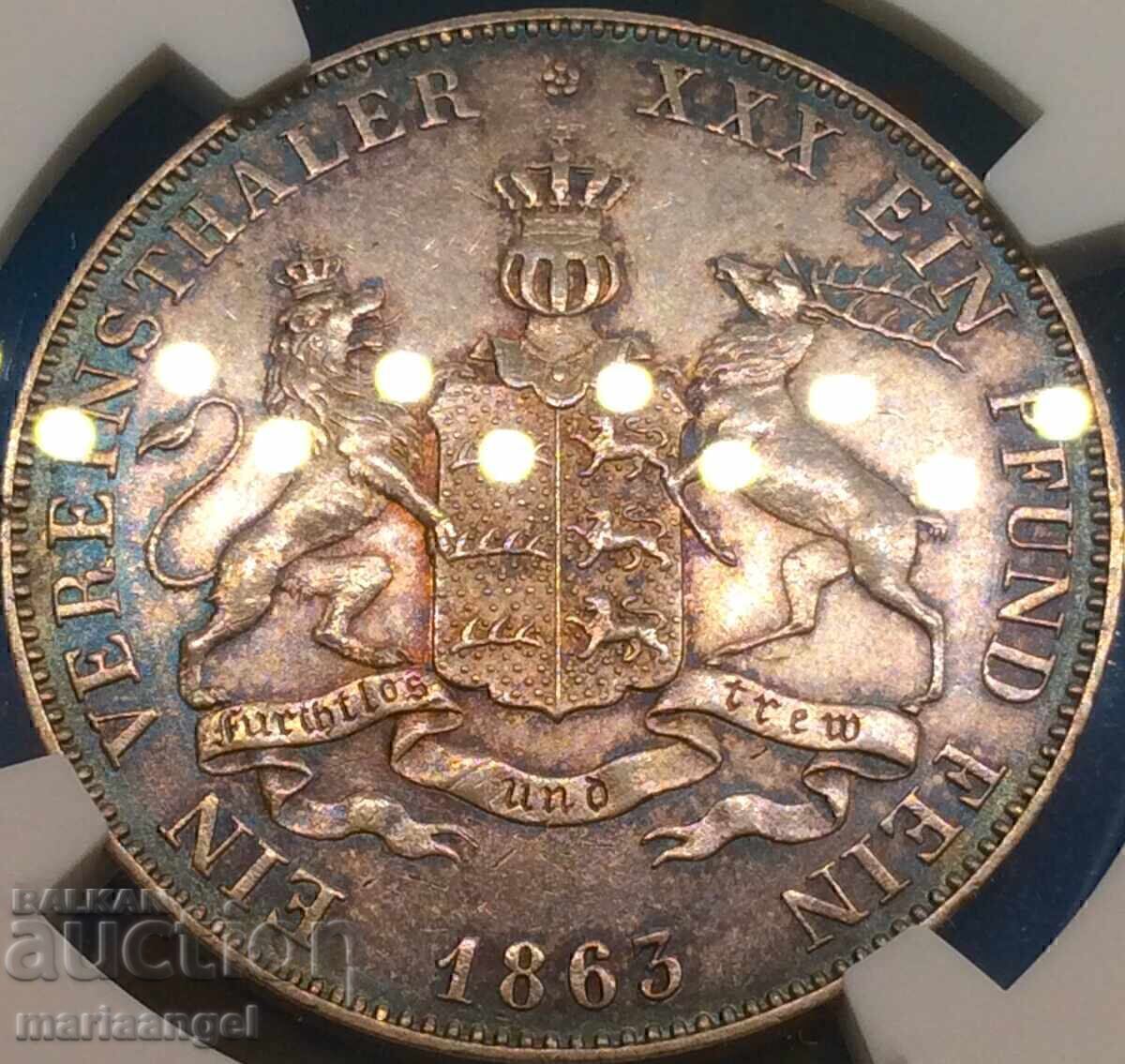 Thaler 1863 Germania Württemberg NGC AU Detalii argint Patină