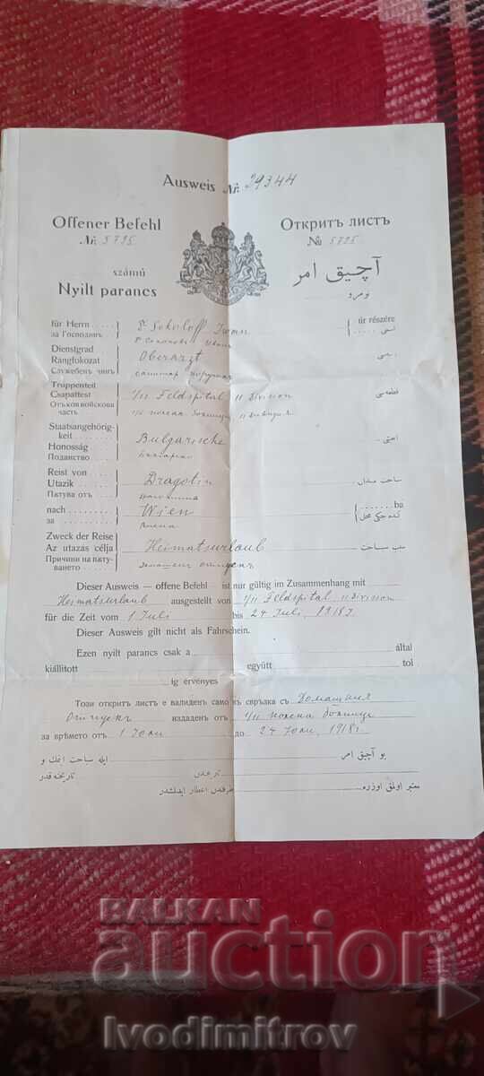 Аукцион Снимка Жена офицер с австрийски орден и Откритъ листъ 1917