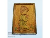 Pictură Veche din Lemn pentru Perete - Băiat - Sculptură în Lemn