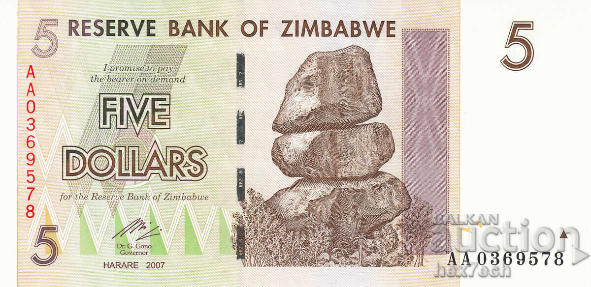 ❤️ ⭐ Zimbabwe 2007 5 dollars UNC new ⭐ ❤️ with price € 1.99 | 3.89 BGN