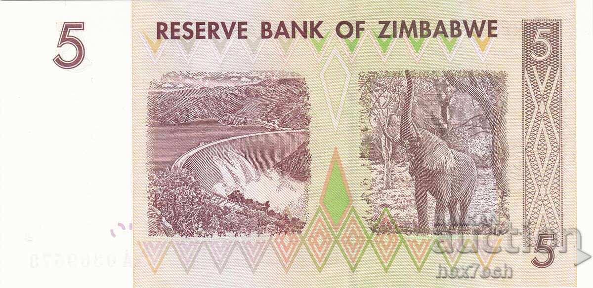Auction  ❤️ ⭐ Zimbabwe 2007 5 dollars UNC new ⭐ ❤️