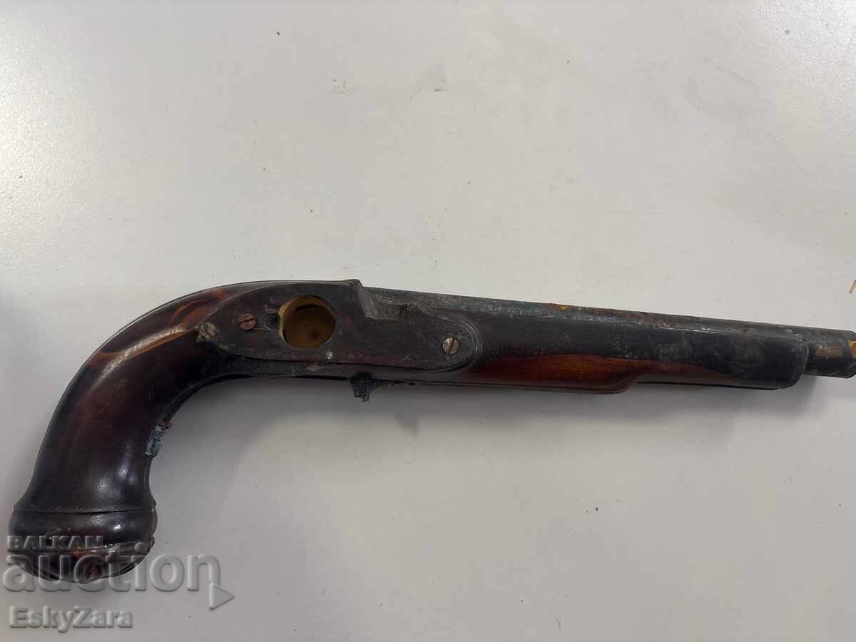 Auction  Old wooden stock with barrel for a retro pistol / flintlock pistol
