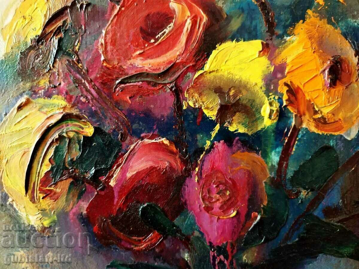 Painting "Vase with Flowers" 1987, art. Tancho Kunev (1930-2010) - 5