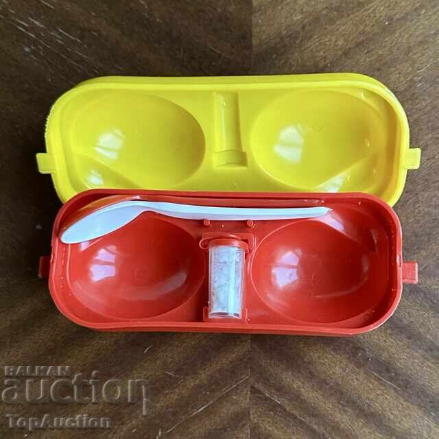 Retro boiled egg box with salt shaker and spoons. GDR