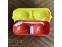 Retro boiled egg box with salt shaker and spoons. GDR