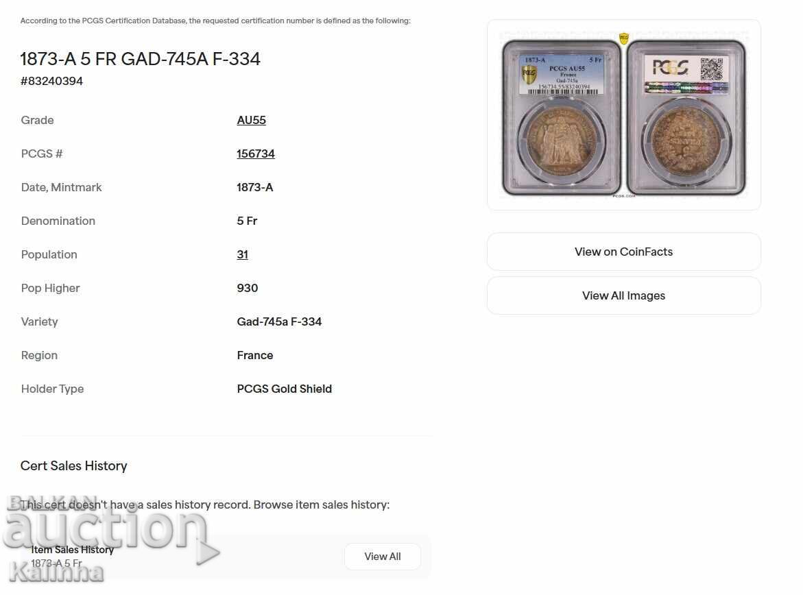 Auction  5 Francs 1873 AU 55 - Silver France