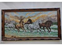 Goblen vintage mare „Cai în spuma mării” – lucrat manual