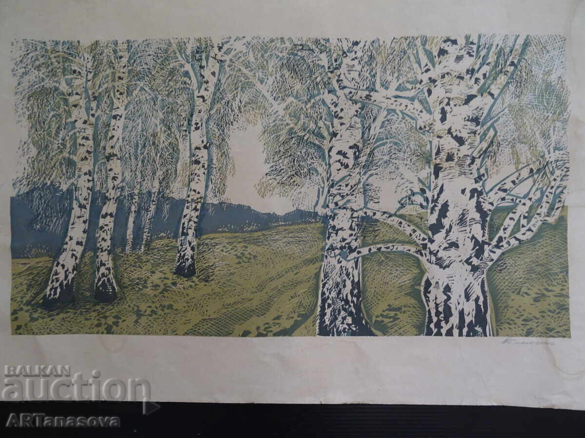 Tablou „Pădure de mesteacăn”, tehnică mixtă linogravură și litografie, 1970