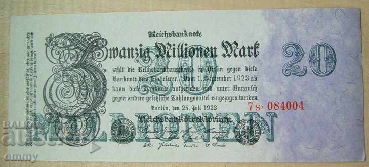 Продавам банкнота Райхсмарка 20 милиона марки Германия 1923