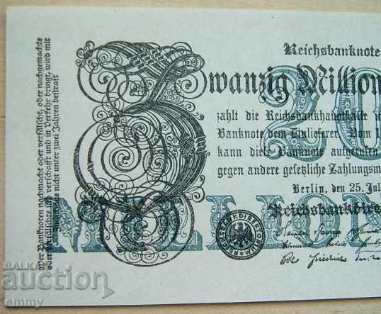 I am selling a Reichsmark banknote of 20 million marks Germany 1923 with price 18.00 BGN | € 9.20 I am selling a Reichsmark banknote of 20 million marks Germany 1923 with price 18.00 BGN | € 9.20
