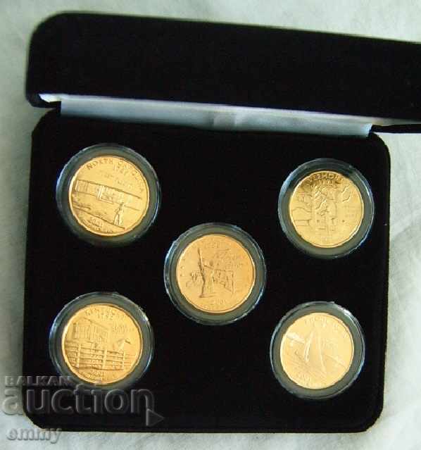 Юбилейни позлатени монети 5 бр.+кутия+сертификат Америка САЩ