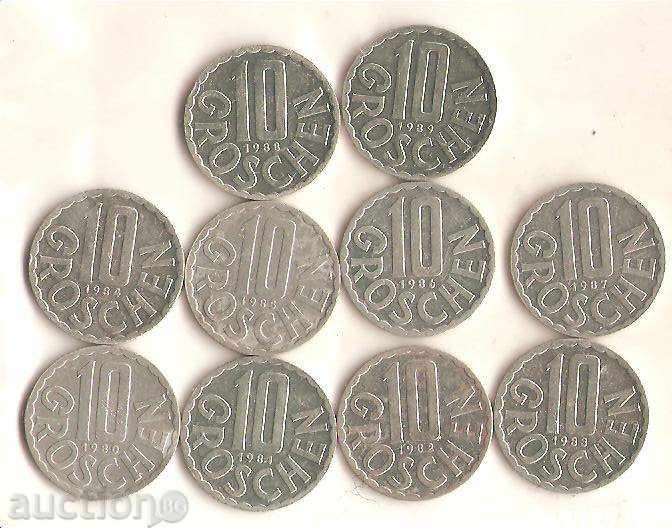 Австрия  Лот 10  гроша  1980 - 1989 г.