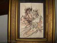 Watercolor and ink "The Two Horses" in an old frame 36x46cm. author