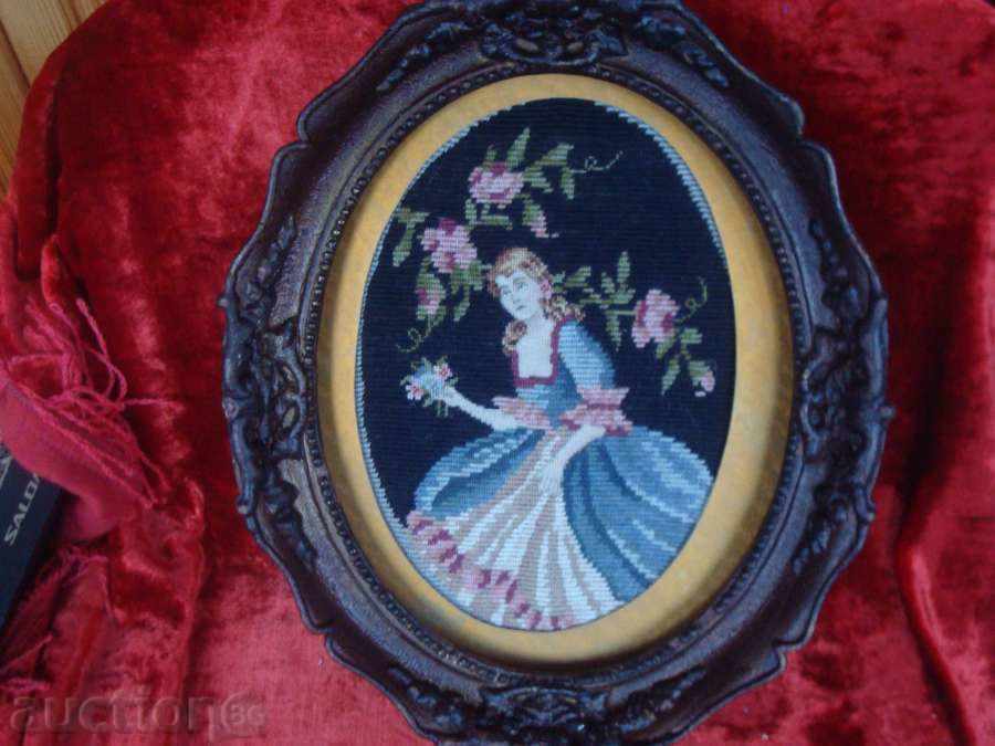 Tapestry "Woman with a bouquet" - new, sewn with a frame, multicolored. Tapestry "Woman with a bouquet" - new, sewn with a frame, multicolored.