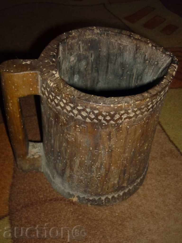 Ancient wooden jug with shepherd carving UNIQUE