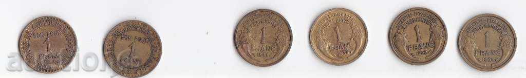 France, Lot 6 coins of 1 franc