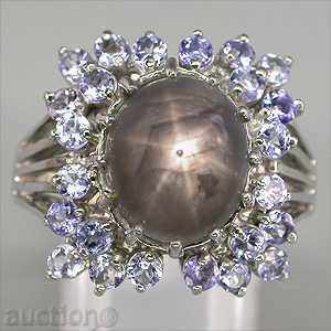 SILVER RING WITH NATURAL SAPPHIRE STAR AND TANZANITIS