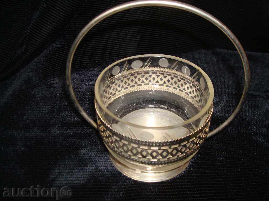 Crystal and white metal candy dish with handle