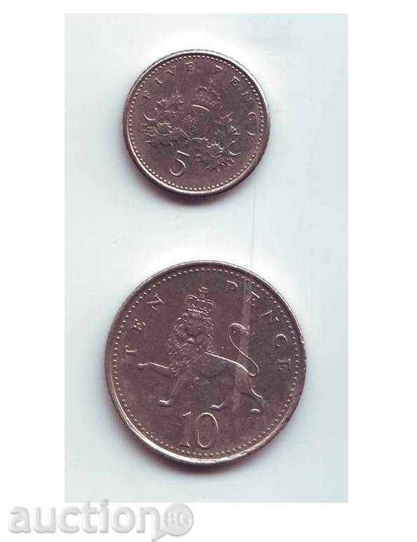 Coins of Great Britain 5 and 10 pence (2 pcs) with price 3.00 BGN | € 1.53