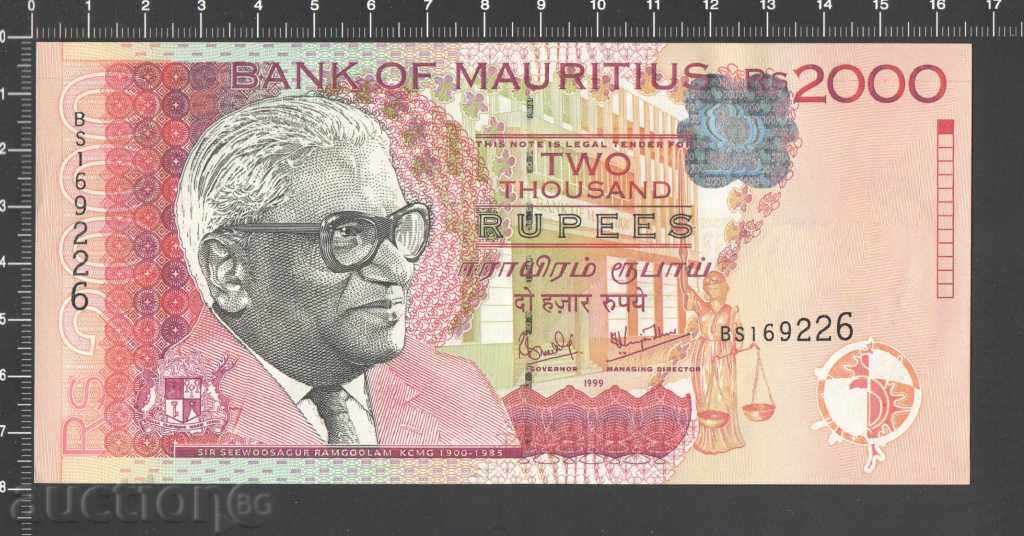 2000 RUPS OF MAURITIUS 1999 UNC