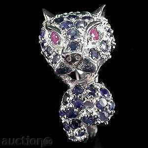 Auction LUXURY SILVER RING TIGER WITH NATURAL RUBBERS AND SAPPHIRE Auction LUXURY SILVER RING TIGER WITH NATURAL RUBBERS AND SAPPHIRE