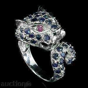 LUXURY SILVER RING TIGER WITH NATURAL RUBBERS AND SAPPHIRE