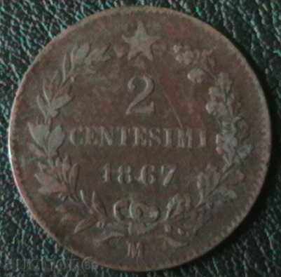 2 centimes 1867 M, Italy