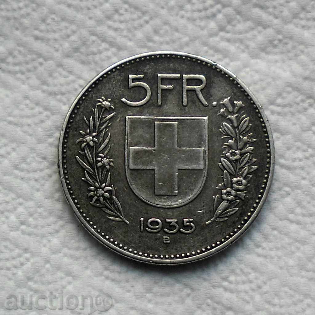 5-FRANCA-SWITZERLAND - 1935 B, SILVER "CONFOEDERATIO HELVETICA"