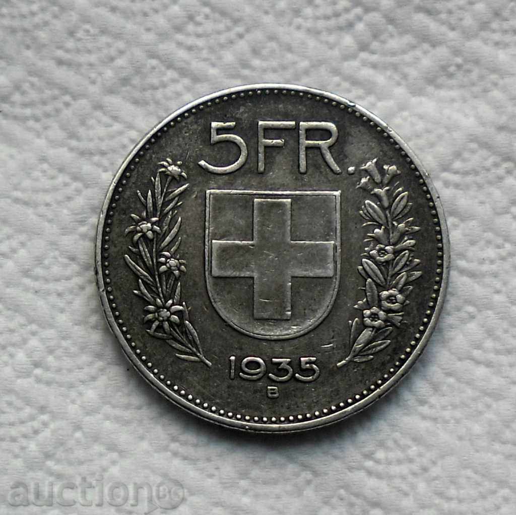 5 Francs Switzerland 1935 B, Silver "Confoederatio Helvetica" 5 Francs Switzerland 1935 B, Silver "Confoederatio Helvetica"