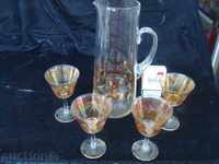 Glasses of fine glass and jug, gold engraved, engraved.