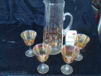 Thin glass cups and jug, gold decoration, engraved.