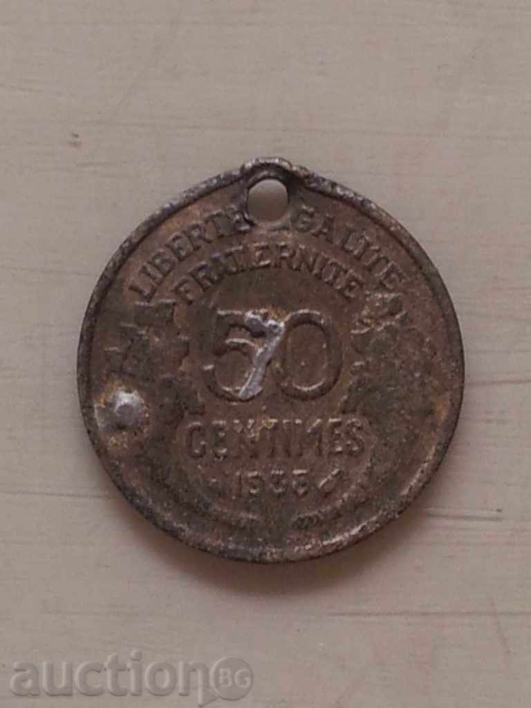 France - 50 centimeters (pierced), 1938 - 50