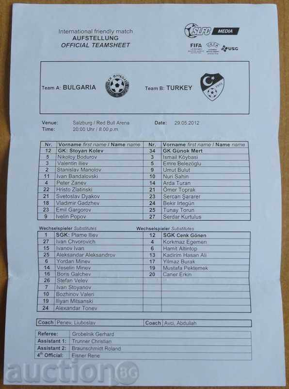 Football team sheet Turkey-Bulgaria, Salzburg - 2012