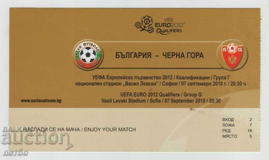 Футболен билет България-Черна гора 2010
