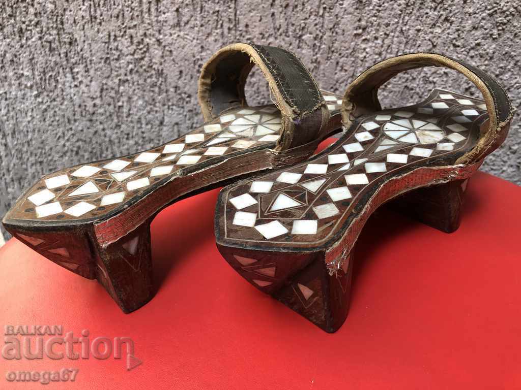 Auction  RITUAL WOODEN CLOGS/MOTHER-OF-PEARL/SILVER FILIGREE WIRE, GOLD THREAD