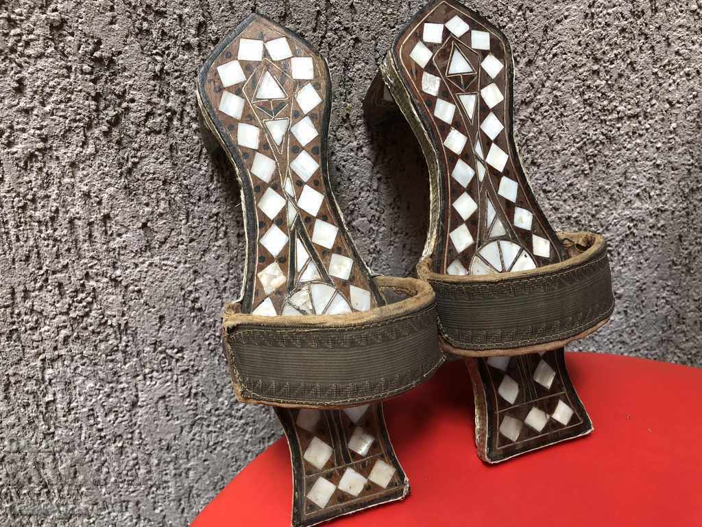 RITUAL WOODEN CLOGS/MOTHER-OF-PEARL/SILVER FILIGREE WIRE, GOLD THREAD - 7