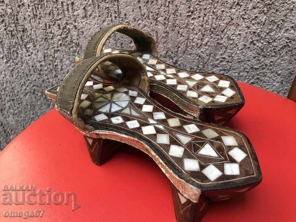 RITUAL WOODEN CLOGS/MOTHER-OF-PEARL/SILVER FILIGREE WIRE, GOLD THREAD