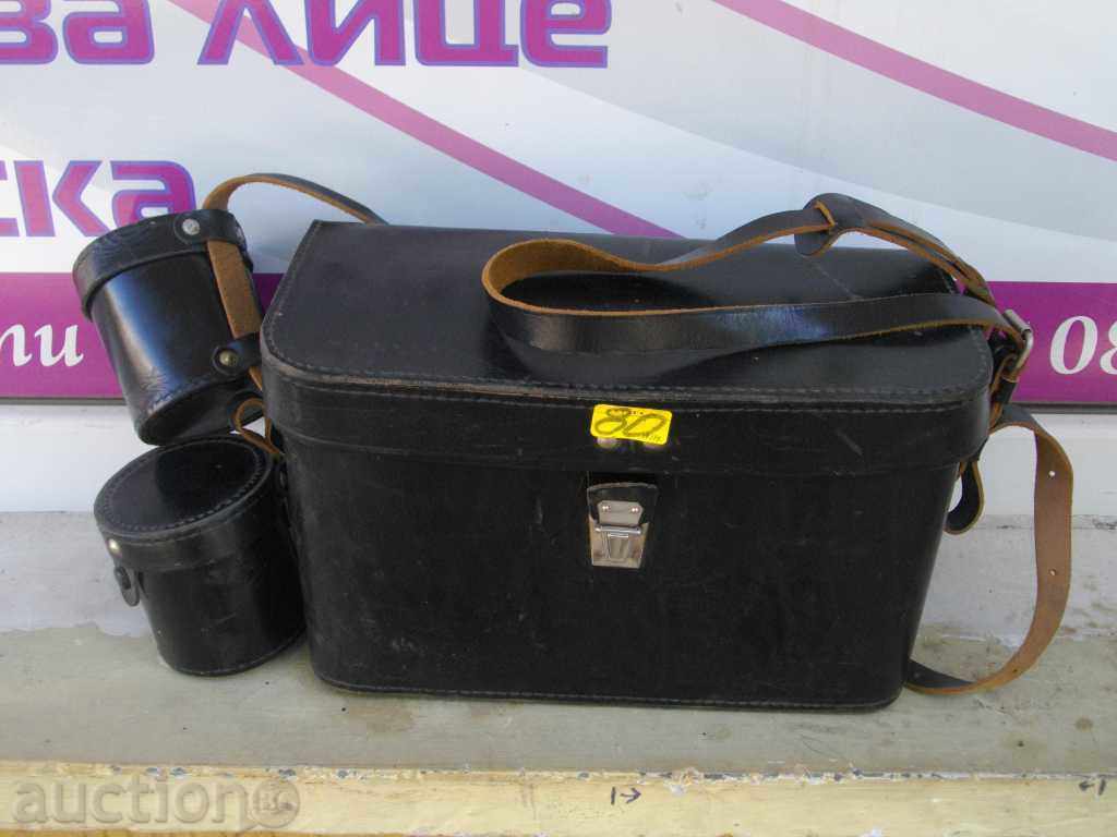 Чанта кожена за фотоапарат с два калъфа за фотообективи