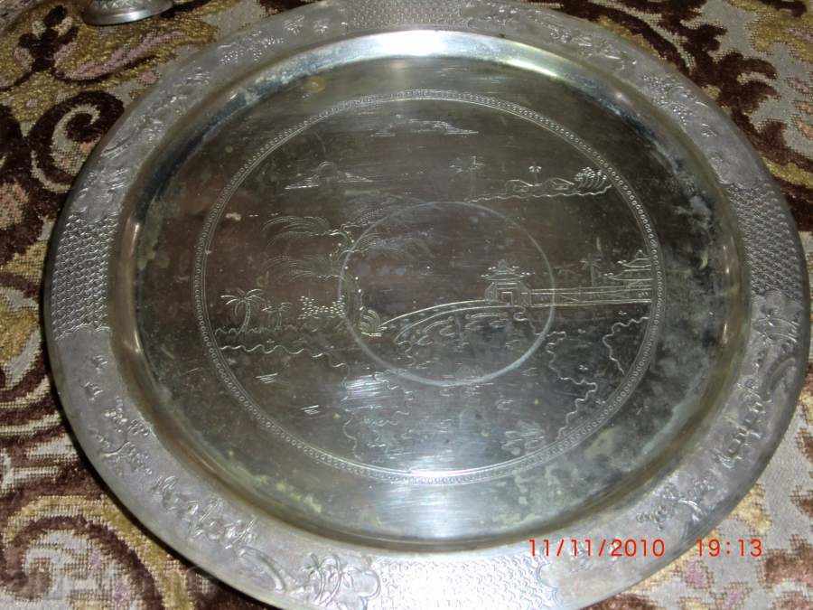 Tray 6 aces and decanter / silver plated / marked / PLI / with price 155.00 BGN | € 79.25