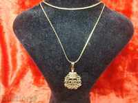 Magnificent pendant + chain, old coat of arms with lilies, yellow metal.