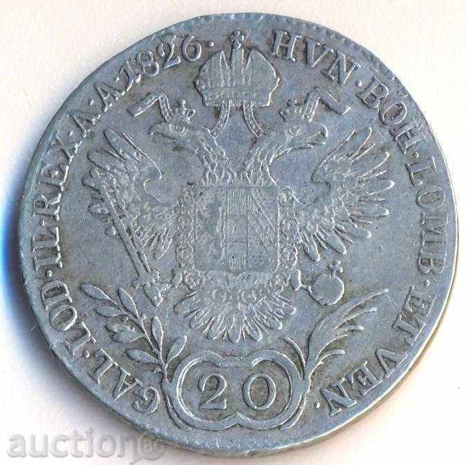 Австрия 20 кройцера 1826 година, сребърна монета